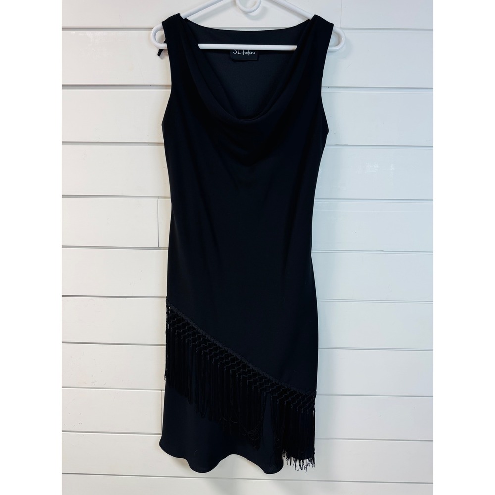 SL Fashions Womens Black Cowl Neck Asymmetrical Fringe Cocktail Dress Size 12